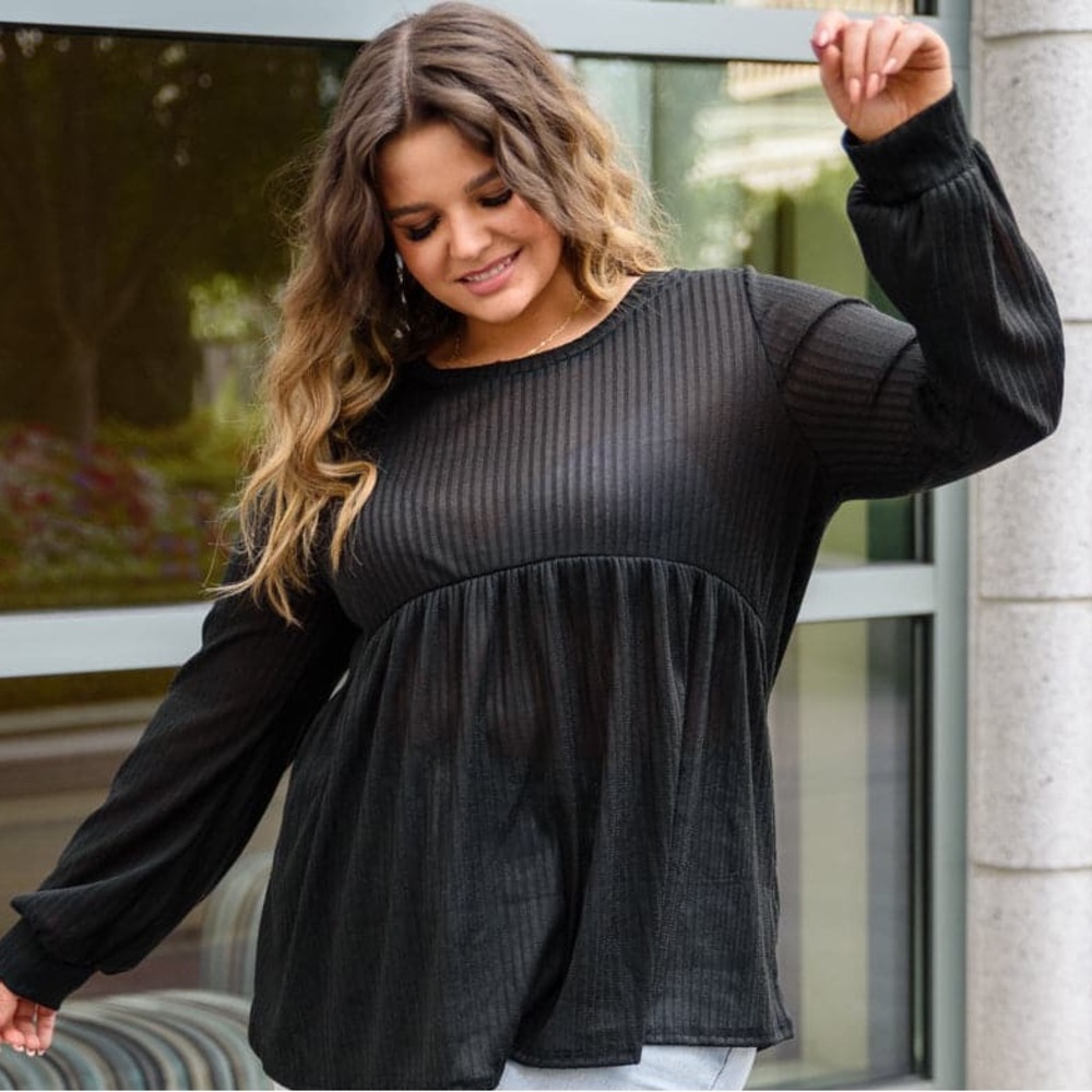Plus Size Black Ribbed Peplum Babydoll Bubble Sleeve Top, 1X/2X/3X